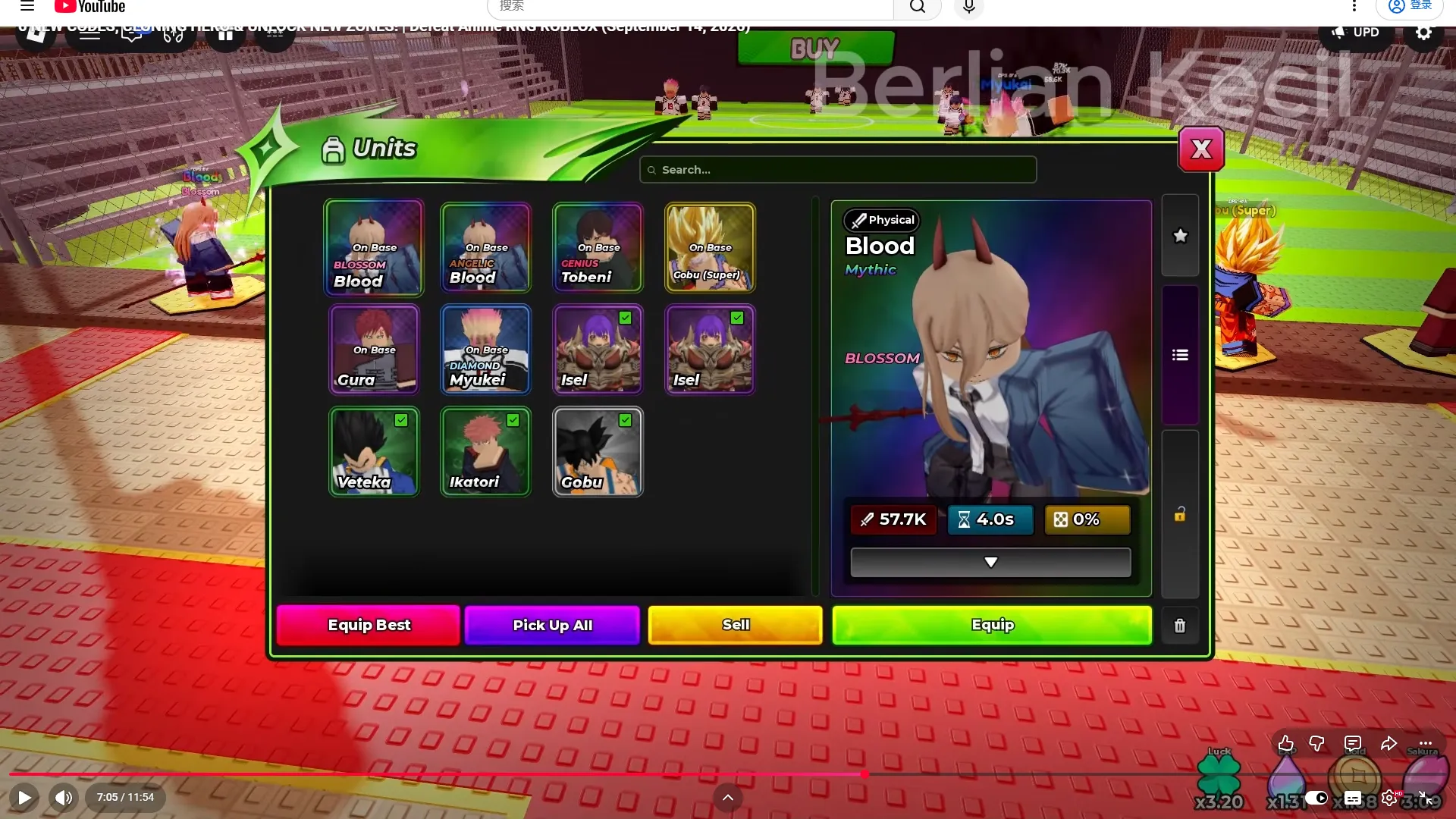 Units inventory with Blood selected, showing Physical, Mythic and BLOSSOM; another Blood has ANGELIC, Tobeni has GENIUS, and Myukei has DIAMOND.