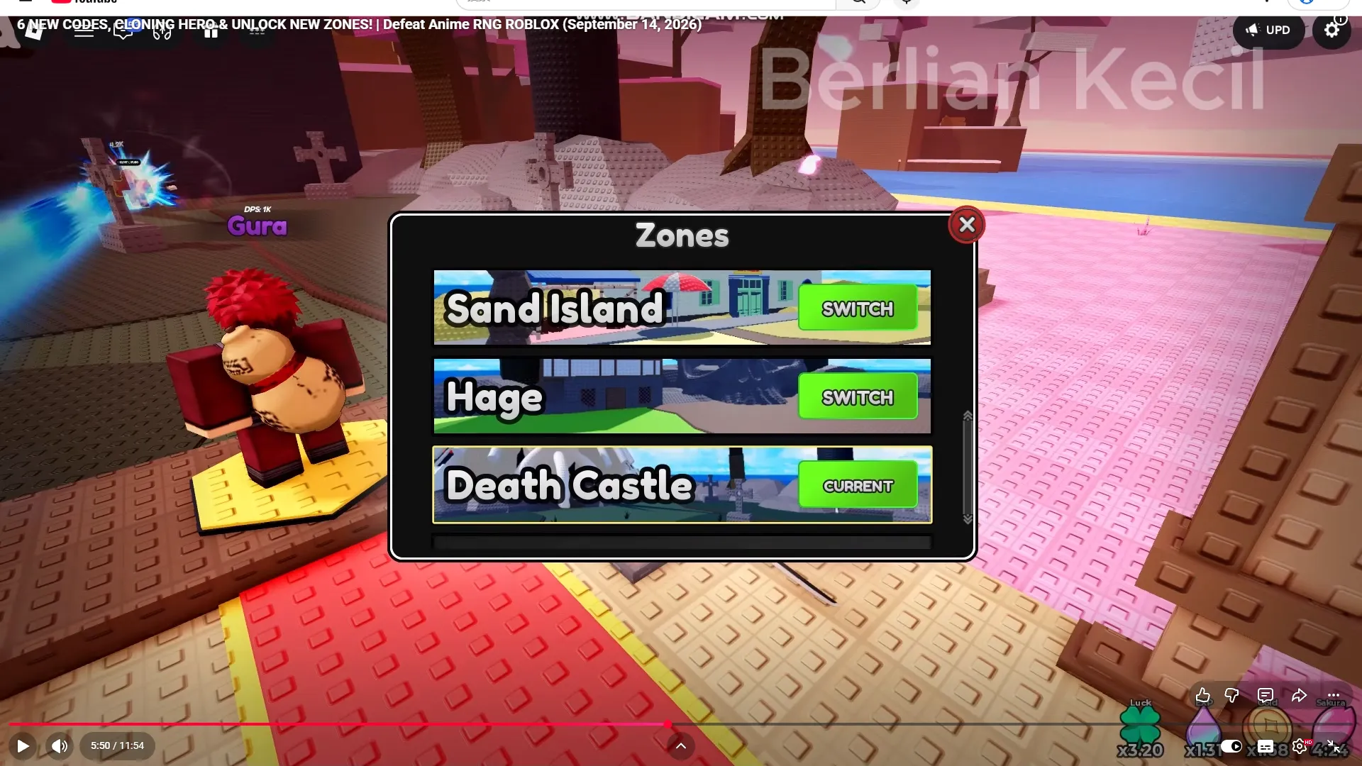 Zones menu showing Sand Island and Hage as SWITCH, and Death Castle as CURRENT, with no purchase price for these zones.