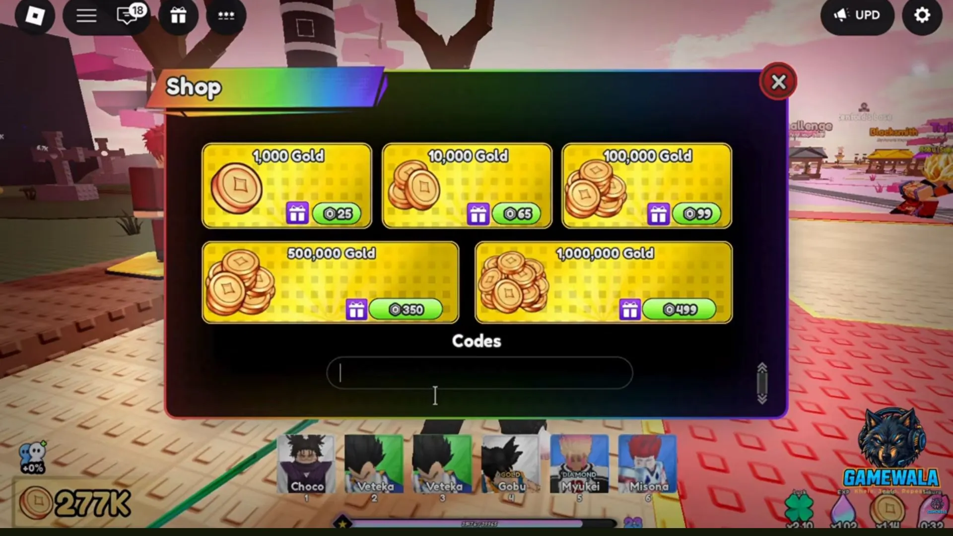 Defeat Anime RNG Shop with an empty Codes field beneath the Gold purchase cards; GameWala watermark visible at the lower right.