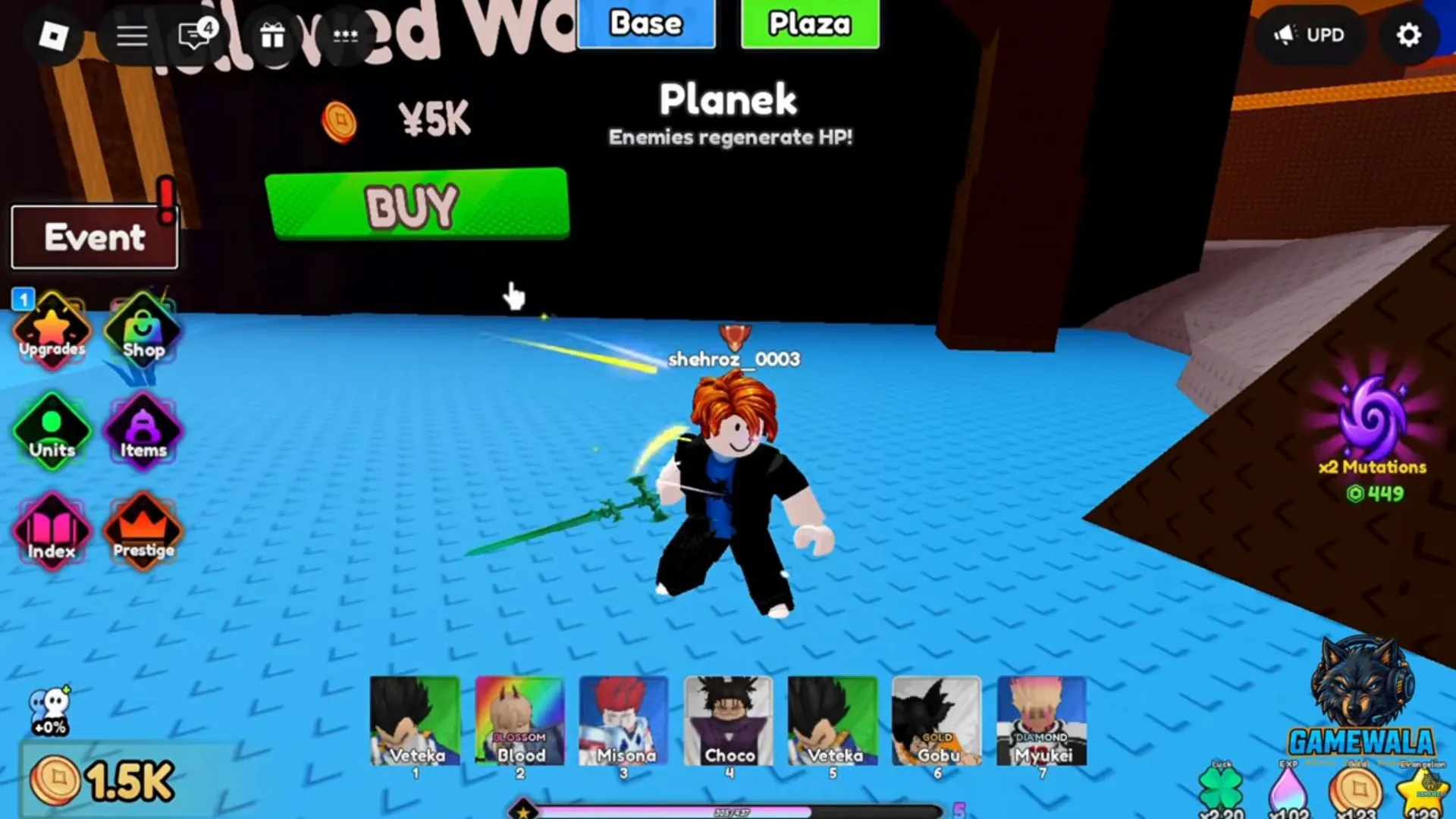 Planek gate showing ¥5K, a BUY button and Enemies regenerate HP, with a 1.5K balance visible in GameWala's gameplay.