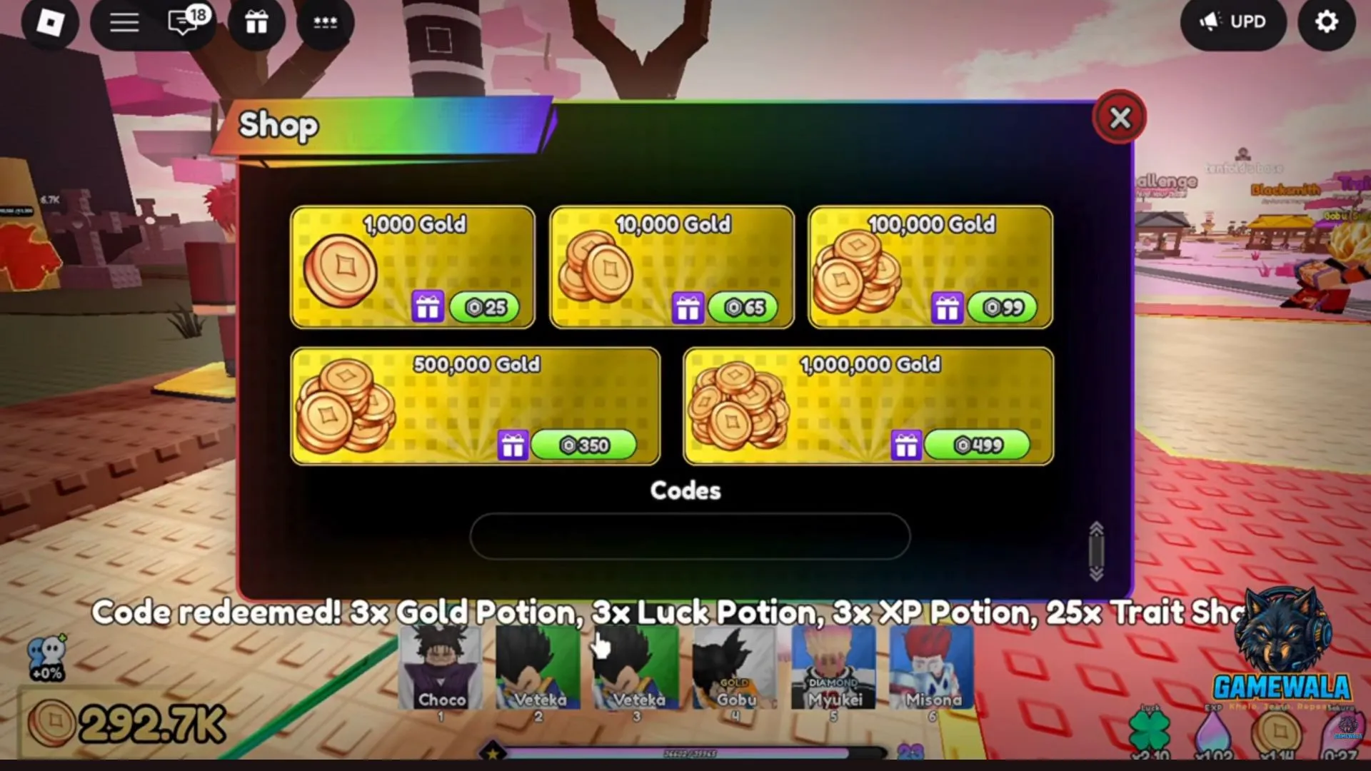 Code redeemed message showing 3 Gold Potions, 3 Luck Potions, 3 XP Potions and a partially obscured 25 Trait Shards entry in GameWala's gameplay.
