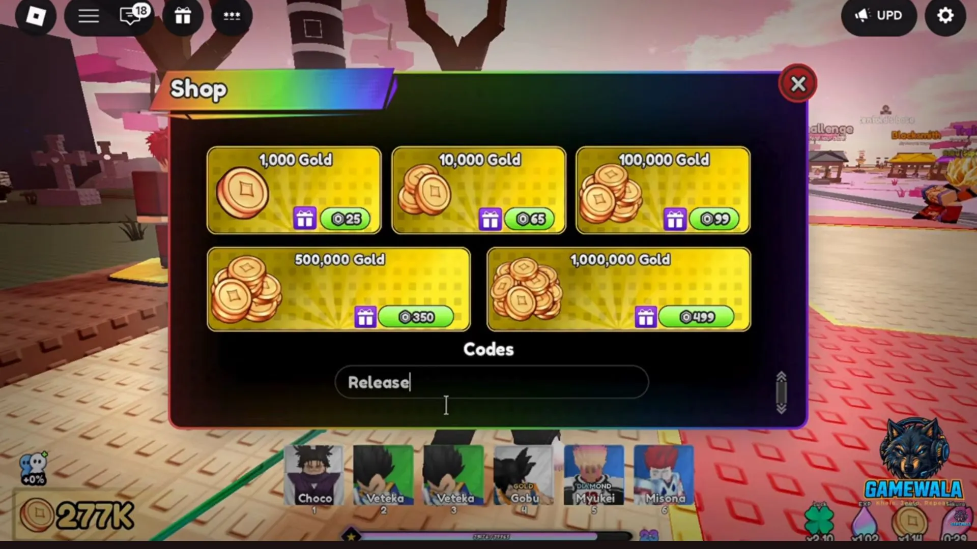 Release entered in the Codes text field in Defeat Anime RNG Shop, shown in GameWala's gameplay.