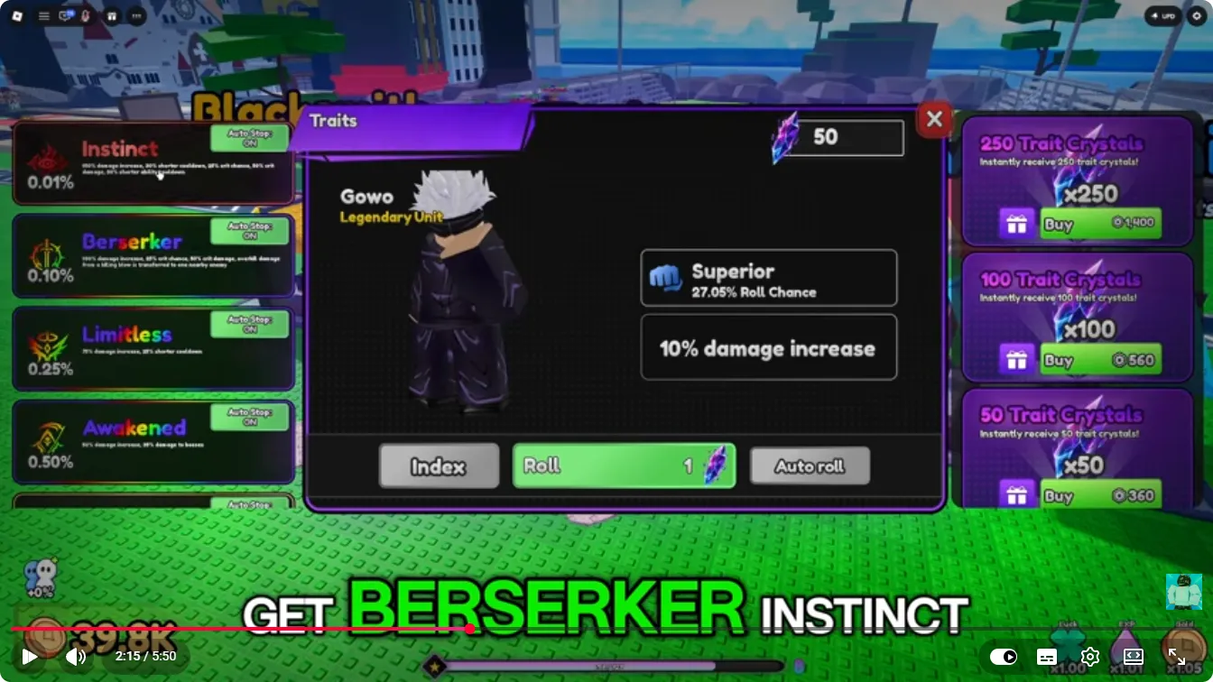 Defeat Anime RNG Traits screen showing Gowo, Superior at 27.05% Roll Chance, a 10% damage increase, and a Roll cost of one purple crystal.