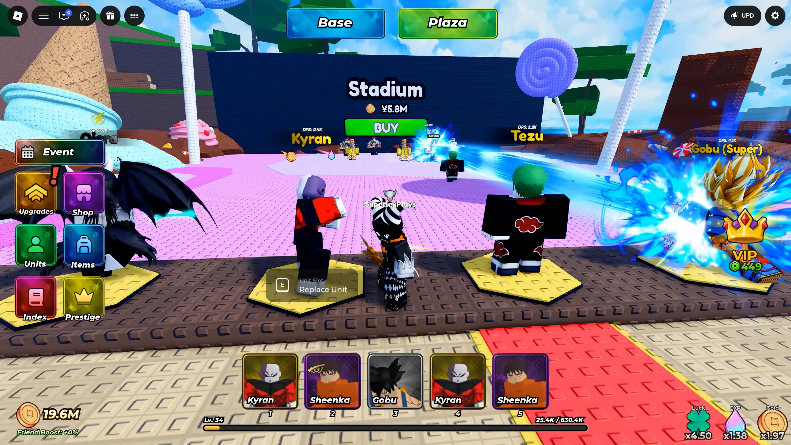 Stadium gate with a coin icon, ¥5.8M price and green BUY button in Superlex Plays' gameplay.